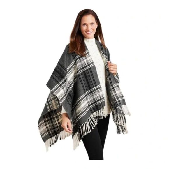 Talbots One Size Black Multi Plaid Reversible Woven Plaid Fringe Ruana Wrap - Picture 5 of 5